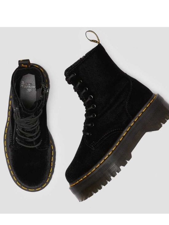 Dr. Martens Shoes - Dr. Martens Black Velvet Platform Lace-Up Boots with Yellow Stitching